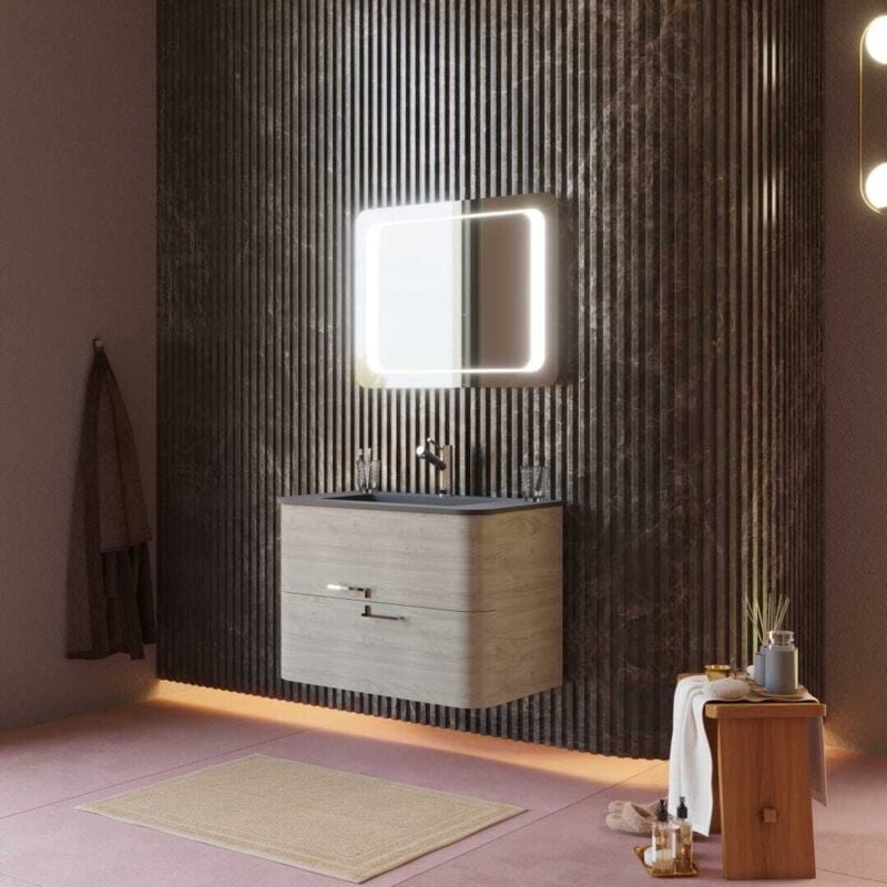 Kiamami Valentina - Meuble Salle De Bain Mural 80Cm Chêne Arctique Et Résine Noire Lavabo Hollywood
