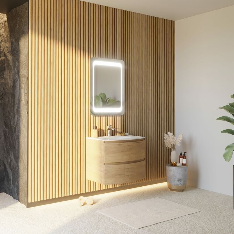 Meuble salle de bain mural courbe 70CM chêne miel avec vasque en résine los angeles