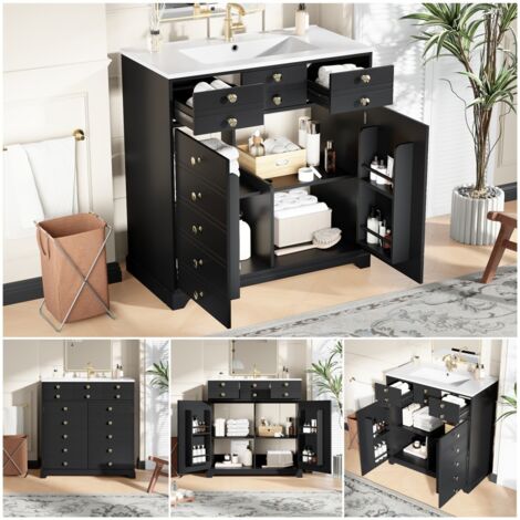 Meuble salle de bain noir à détails dorés 91,5x47x86,5 cm vasque céramique avec tiroirs et espace de rangement