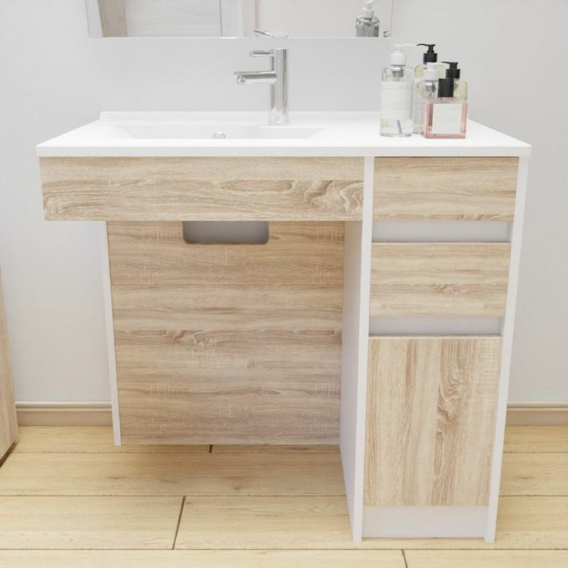 Cuisibane - Meuble salle de bain pmr andy 90 cm bois et blanc- Vasque à gauche