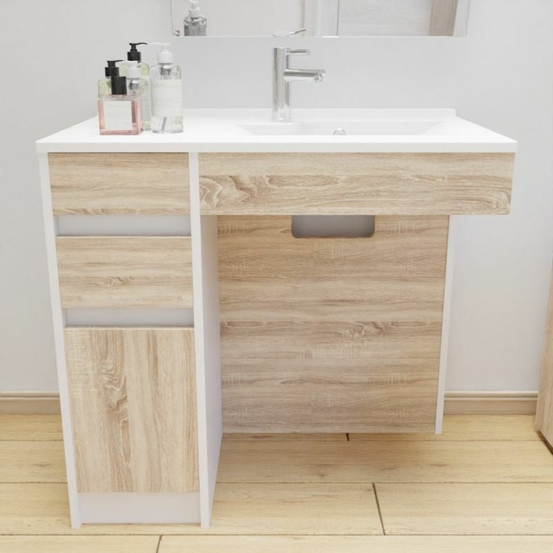 Cuisibane - Meuble salle de bain pmr andy 90 cm bois et blanc- Vasque à droite