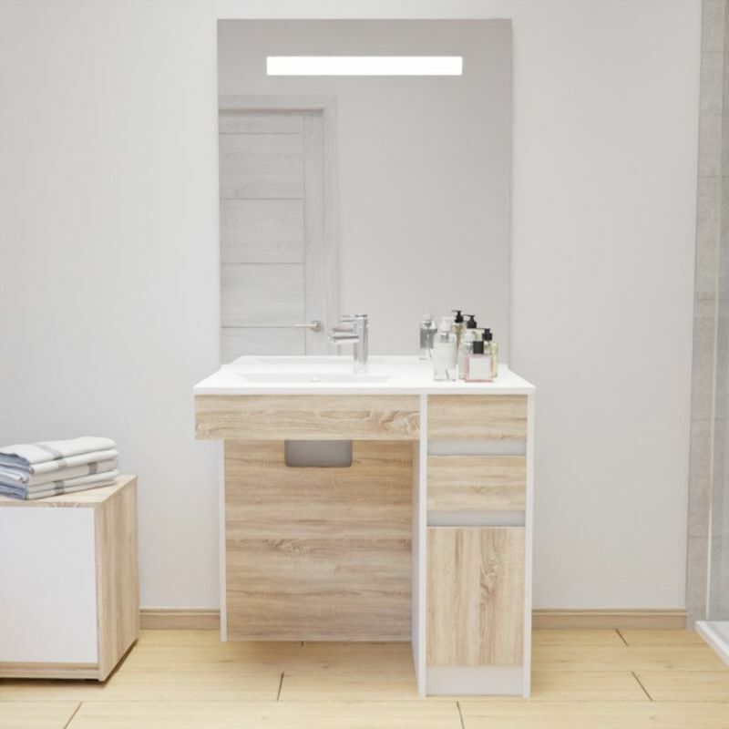 Meuble salle de bain pmr andy 90 cm bois et blanc + miroir Elégance ht105- Vasque à gauche