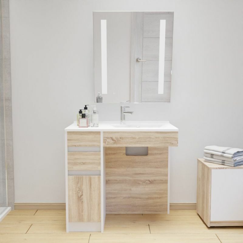 Meuble salle de bain PMR ANDY 90 cm bois et blanc + miroir Rotary- Vasque à droite