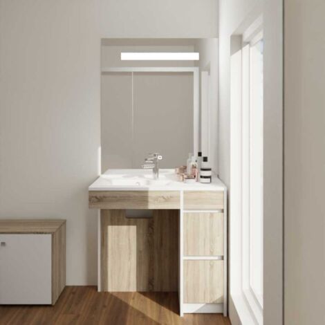 Meuble salle de bain PMR ANDY PLUS 90 cm bois et blanc + miroir Elegance- Vasque à gauche
