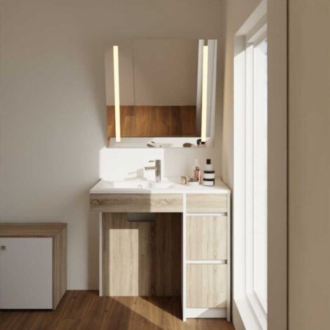 Meuble salle de bain PMR ANDY PLUS 90 cm bois et blanc + miroir Motory- Vasque à gauche