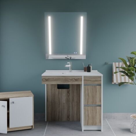 Meuble salle de bain PMR ANDY PLUS 90 cm bois et blanc + miroir Rota Plus- Vasque à gauche