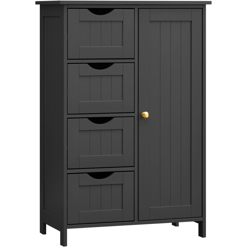 Meuble Salle de Bain Rangement, Armoire Gain de Place, Commode, avec 4 Tiroirs, Placard avec Porte, Étagère Réglable, 30 x 55 x 82 cm, Noir d'encre