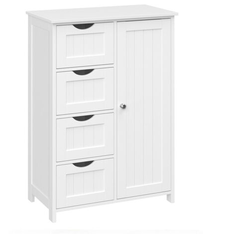 Meuble Salle de Bain Rangement, Gain de Place, Commode, avec 4 Tiroirs, Placard avec Porte, Étagère Réglable, 30 x 55 x 82 cm, Blanc Nuage