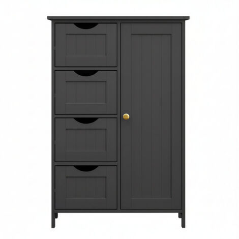 Meuble Salle de Bain Rangement, Gain de Place, Commode, avec 4 Tiroirs, Placard avec Porte, Étagère Réglable, 30 x 55 x 82 cm, Noir