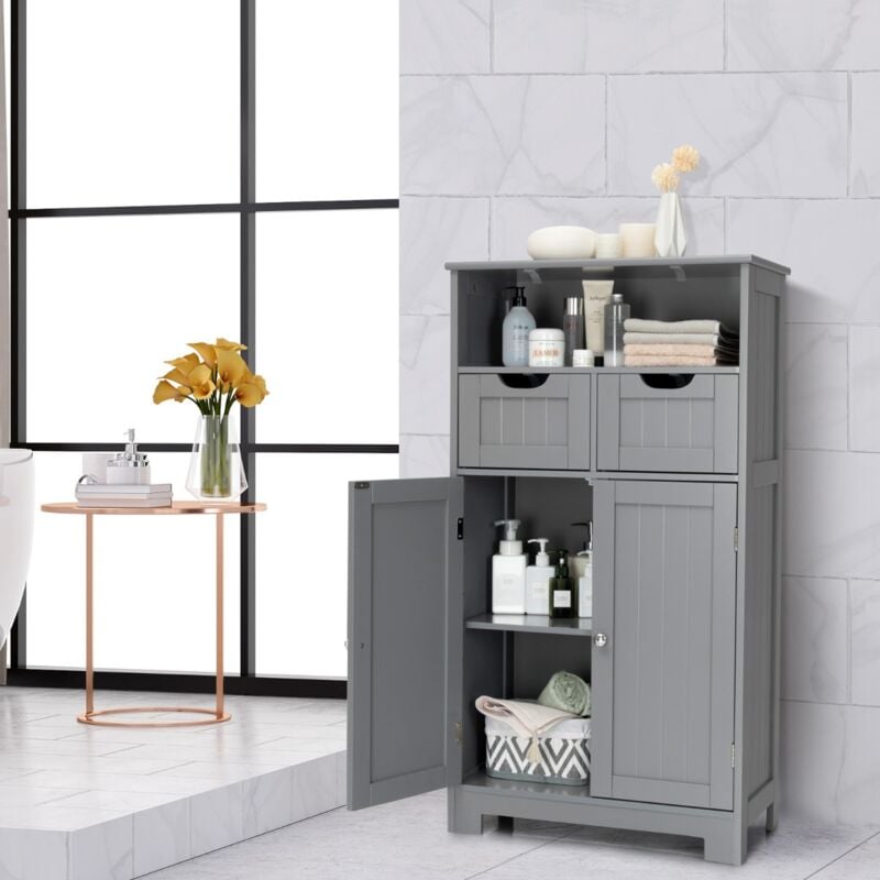 Meuble Salle de Bain Rangement Toilette 60x30x109cm 2 Tiroirs 2 Portes Gris CW66018