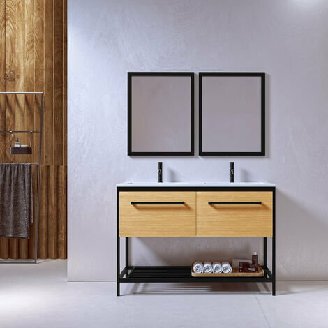 Meuble salle de bain SMART 120 cm en métal noir avec double vasque blanche - Noir