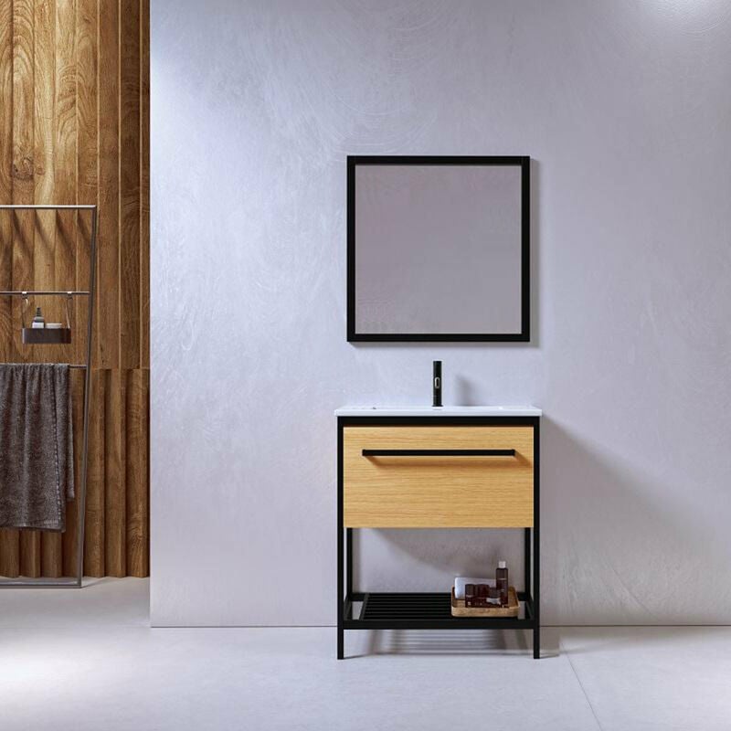 Stano. - Meuble salle de bain smart largeur 80 cm en métal noir avec vasque céramique blanche
