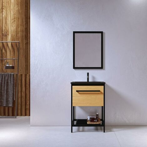 Meuble salle de bain SMART largeur 60 cm en métal noir avec vasque céramique noire - Noir