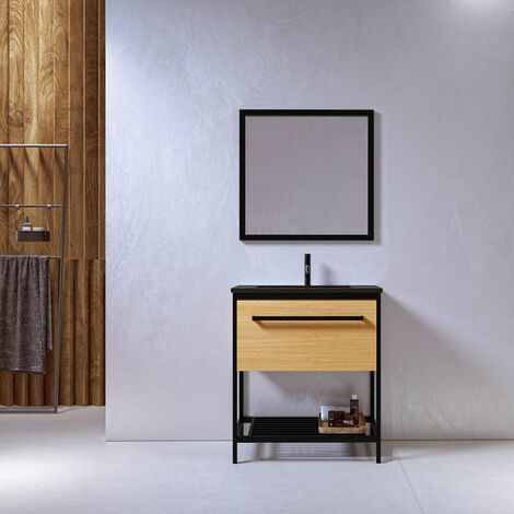 Meuble salle de bain SMART largeur 80 cm en métal noir avec vasque céramique noire - Noir
