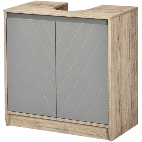 Meuble salle de bain sous lavabo 60 cm - meuble sous-vasque avec placard 2 portes et étagère intérieure - chêne clair gris - panneau particules - L60 x P30 x H59,8 cm