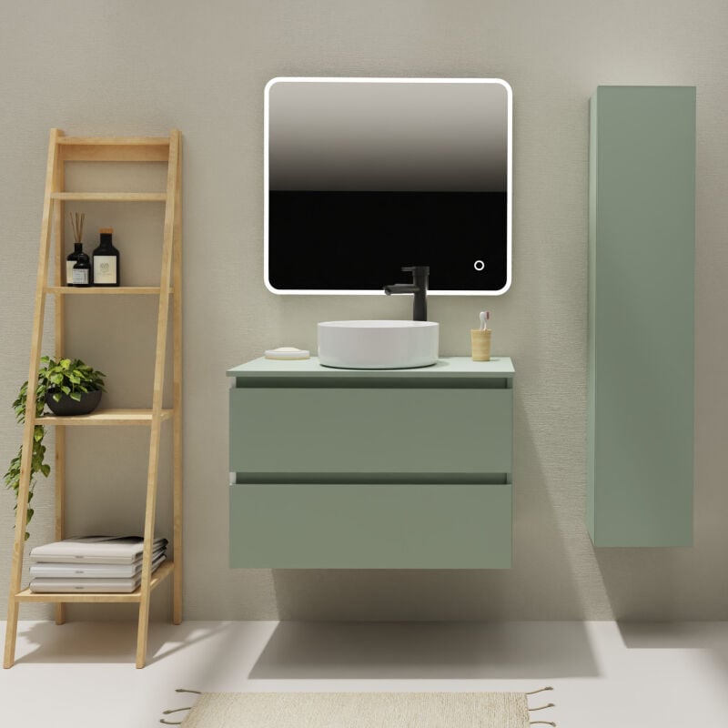 Godart - Meuble salle de bain 80 cm pour vasque à poser - Vert mat - a suspendre - Karaib 2