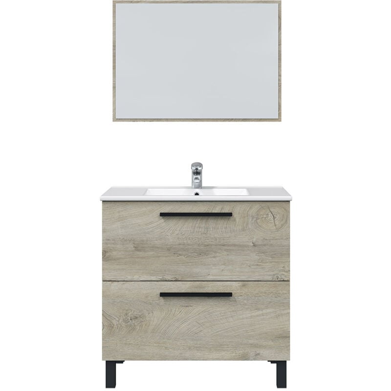 Meuble salle de bain sous vasque avec 2 Tiroirs + 1 Miroir coloris Alaska chêne - Longueur 80 x Profondeur 45 x Hauteur 86 cm Pegane