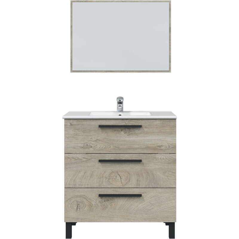 Pegane - Meuble salle de bain sous vasque avec 3 Tiroirs + 1 Miroir coloris Alaska chêne - Longueur 80 x Profondeur 45 x Hauteur 86 cm