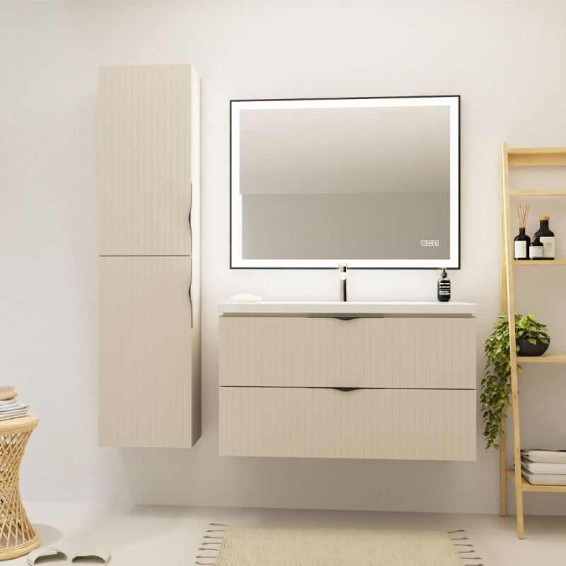 Meuble salle de bain strié - 100 cm - avec plan vasque - Beige cachemire mat - à suspendre - Tirso