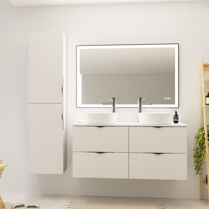 Cersanit - Meuble salle de bain strié 120 cm pour vasque à poser - Blanc mat - à suspendre - Tirso