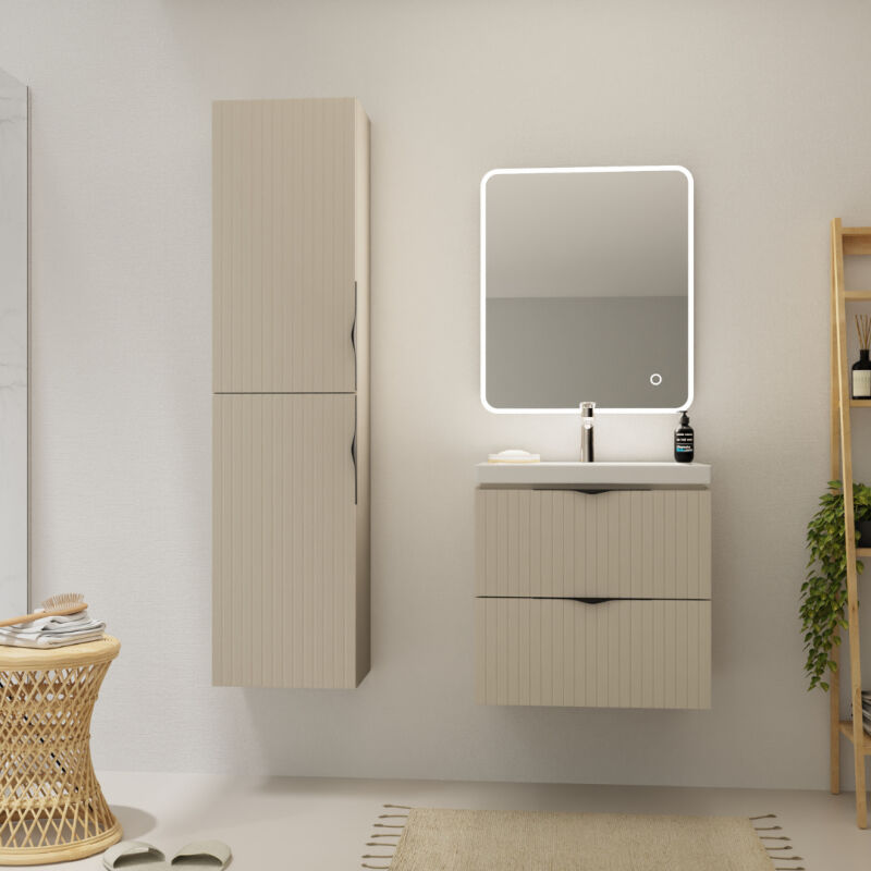 Meuble salle de bain strié - 60 cm - avec plan vasque - Beige cachemire mat - à suspendre - Tirso