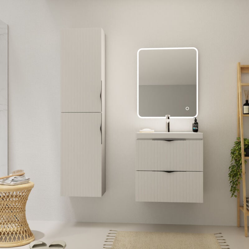 Meuble salle de bain strié - 60 cm - avec plan vasque - Blanc mat - à suspendre - Tirso