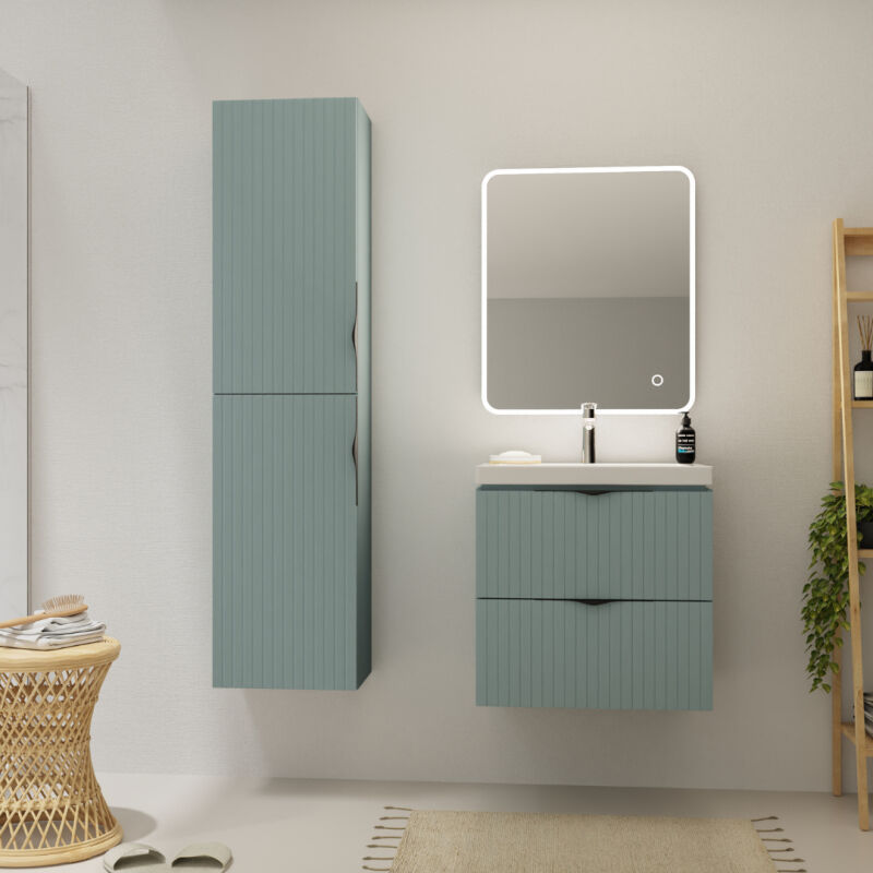 Meuble salle de bain strié - 60 cm - avec plan vasque - Vert fjord mat - à suspendre - Tirso