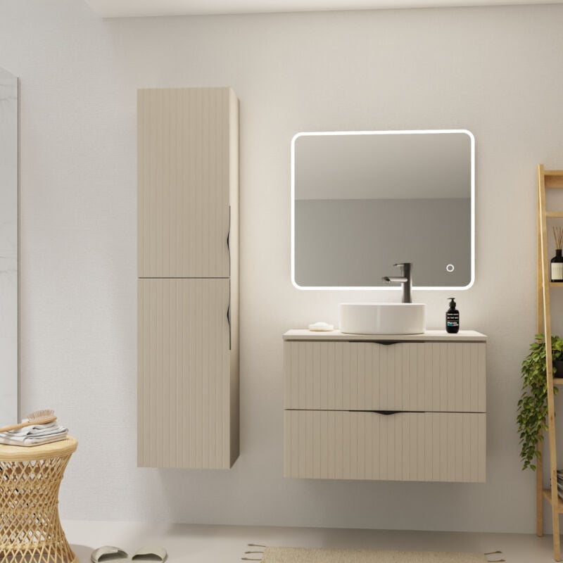 Meuble salle de bain strié 80 cm pour vasque à poser - Beige cachemire mat - à suspendre - Tirso