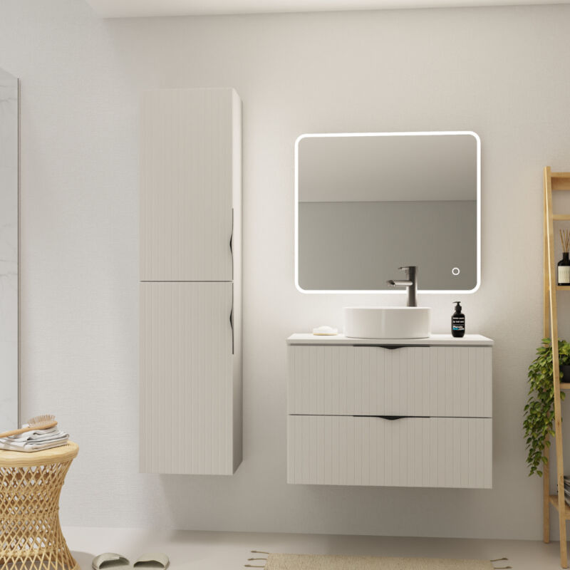 Meuble salle de bain strié 80 cm pour vasque à poser - Blanc mat - à suspendre - Tirso