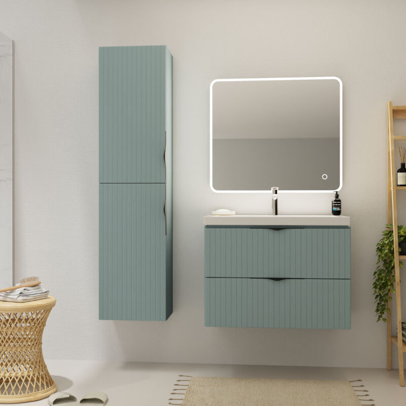 Meuble salle de bain strié - 80 cm - avec plan vasque - Vert fjord mat - à suspendre - Tirso