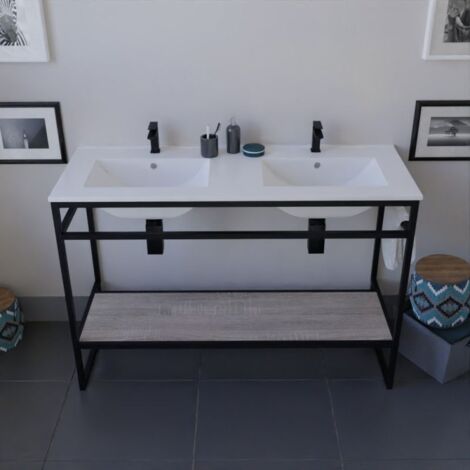 Meuble salle de bain STRUCTURA 120 cm avec plan double vasque- Céramique - Bois