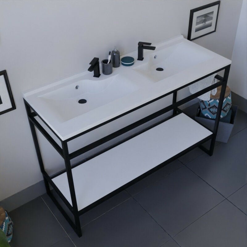 Cuisibane - Meuble salle de bain structura 120 cm avec plan double vasque- Résine - Blanc