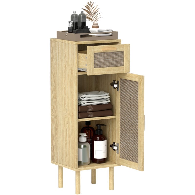 Meuble salle de bain style bohème - tiroir, placard, étagères - effet rotin bois