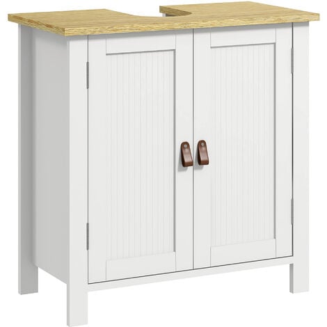 KLEANKIN Meuble salle de bain sur pied - meuble sous-vasque - 2 portes, étagère - MDF panneaux aspect bois clair blanc