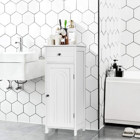 Meuble Salle de Bain sur Pieds 1 Porte 1 Tiroir 2 Étagères Réglables 35x30x87,5cm Blanc CW29803
