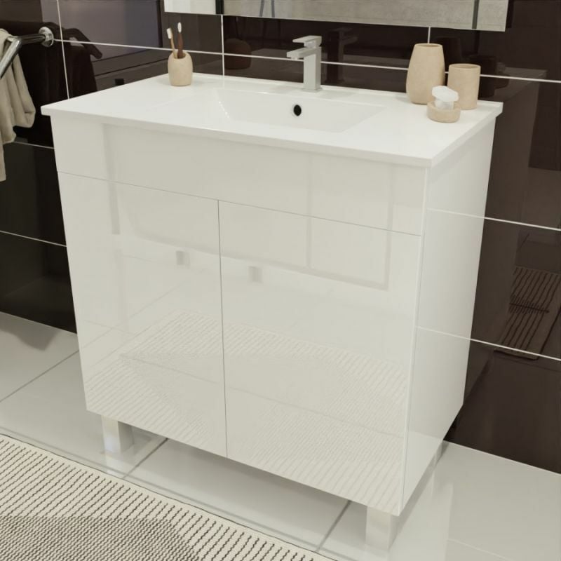 Cuisibane - Meuble salle de bain sur pieds ecoline 80 cm - Blanc brillant