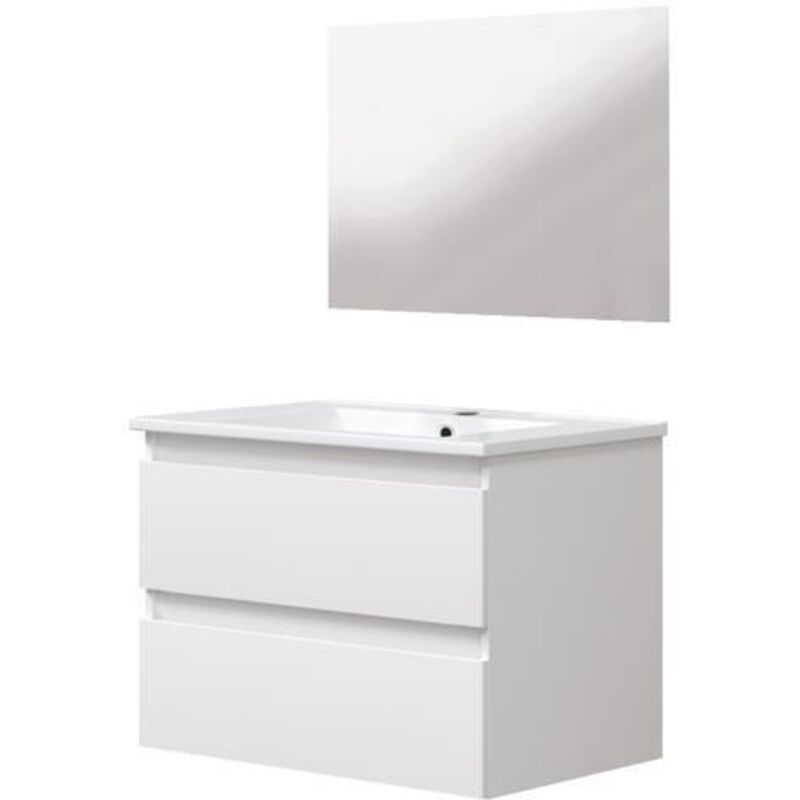 Ondee - zen - Meuble salle de bain à suspendre lila - 60cm - 2 Tiroirs - Blanc - Miroir