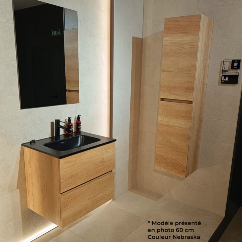 Meuble salle de bain suspendu 100 cm bois miel et vasque noir lansvo Nebraska