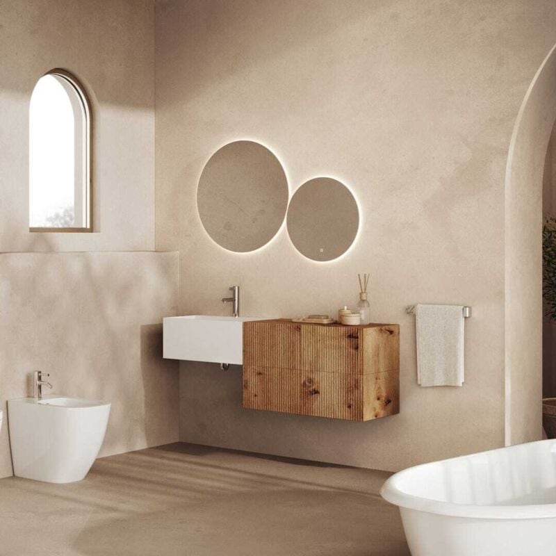 Kiamami Valentina - Meuble Salle De Bain Suspendu 140Cm Lavabo Blanc Et 4 Tiroirs Chêne Doré Rodi