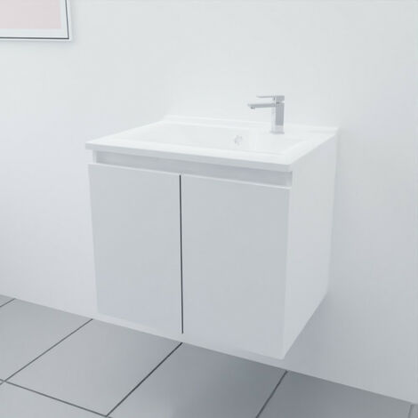 Meuble salle de bain suspendu 60 cm PROLINE- Blanc- Plan vasque en Résine