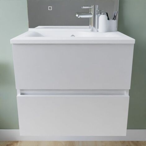 Meuble salle de bain suspendu 60 cm ROSALY INOX- Blanc- Plan vasque en Résine
