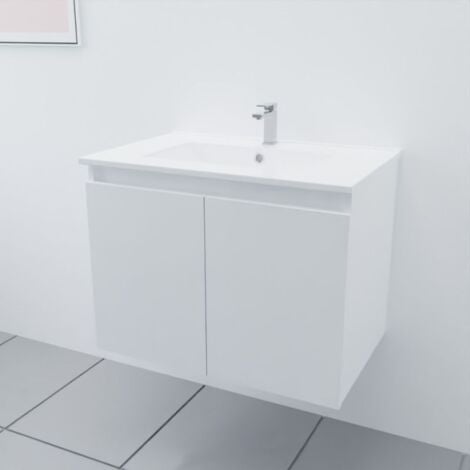 Meuble salle de bain suspendu 70 cm PROLINE- Blanc- Plan vasque en Céramique