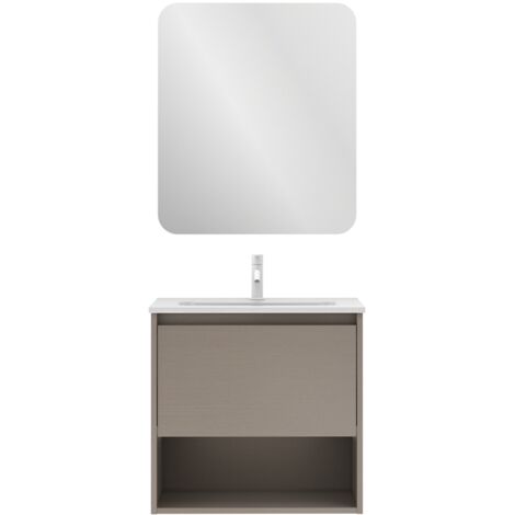 Meuble salle de bain suspendu NIWA  fumé sablé 60 cm Gris  Miroir inclus