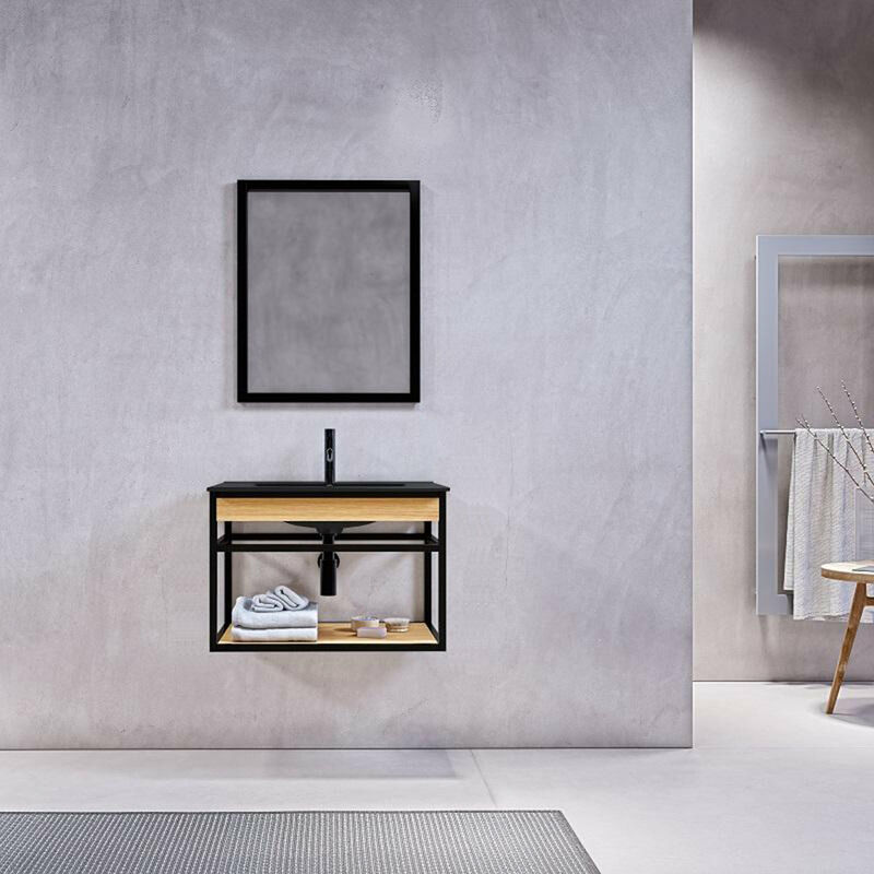 Meuble salle de bain suspendu pure 60 cm en métal noir avec vasque céramique noire