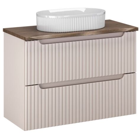 Meuble salle de bain suspendu simple vasque NOVA cachemire 80 cm avec plan vasque effet chêne Casella et 2 tiroirs