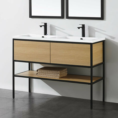 Meuble salle de bain TORY 120 cm en métal noir avec double vasque blanche - Noir