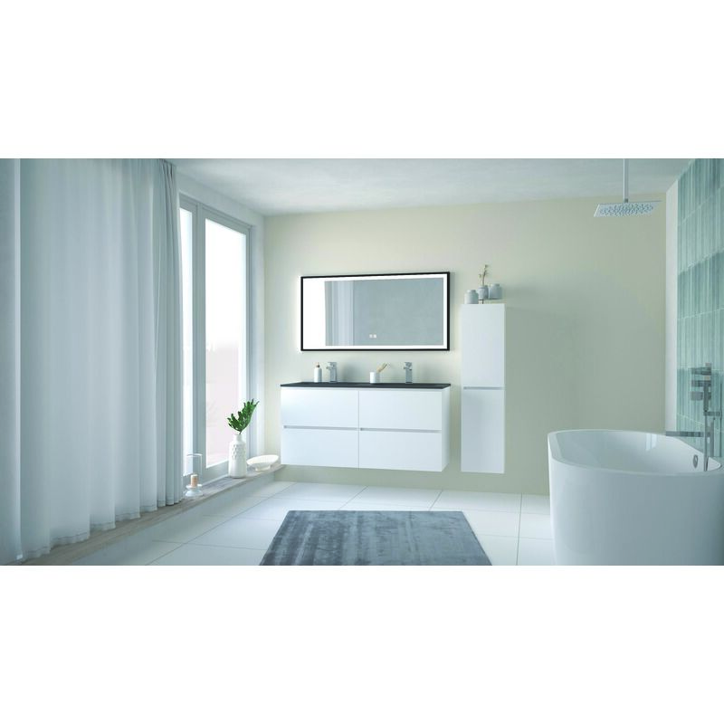 Ondee - Meuble trendy - 120 cm - Blanc mat - 4 Tiroirs - Plan noir + miroir selena