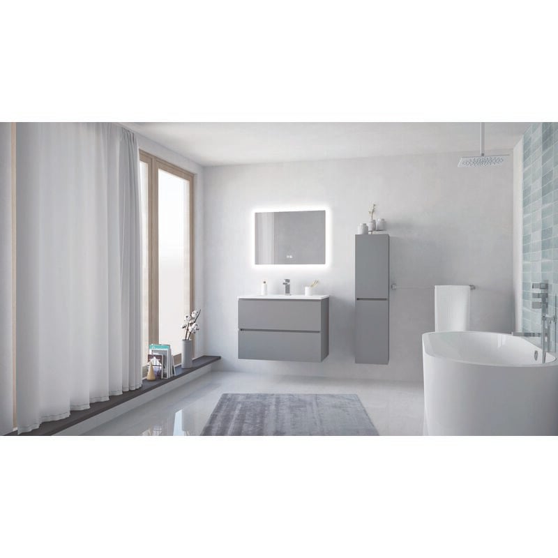 Meuble salle de bain TRENDY - 80 cm - Gris - 2 Tiroirs - Miroir ATHENA