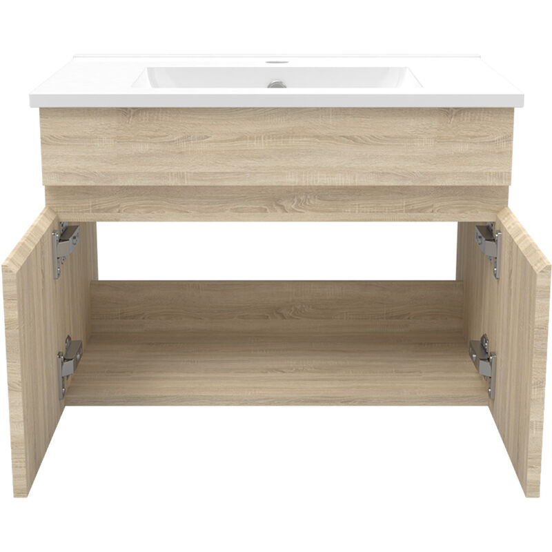 Meuble Salle de Bain simple vasque 60cm meuble + rond miroir Chêne Wotan - Acezanble