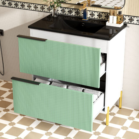 Meuble salle de bain vasque sur pied avec vasque céramique, MDF hydrofuge, 2 tiroirs, 81×47×90cm, blanc/vert